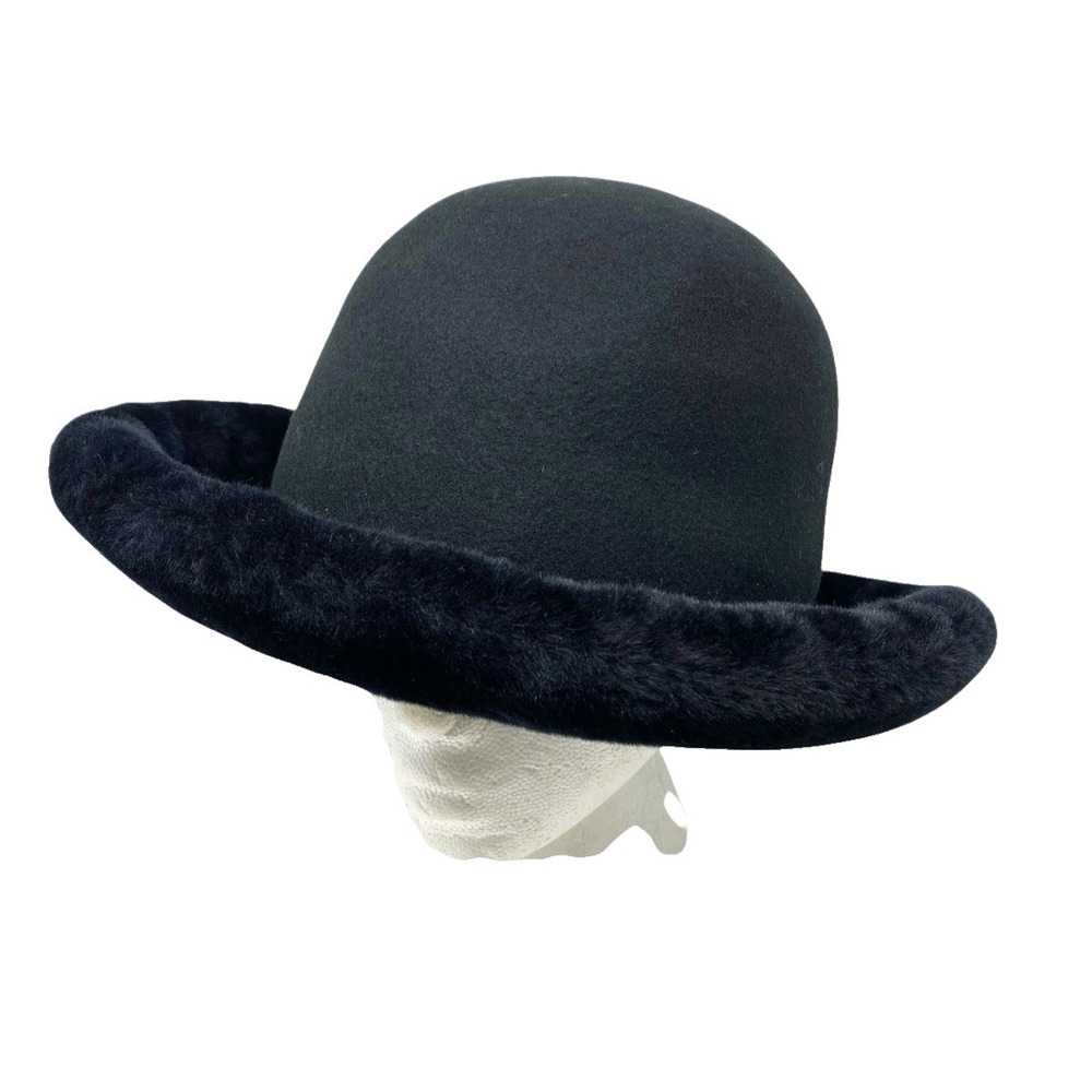 Vintage Talbots Womens Black 100% Wool Bumper Style Faux Fur Trim Hat Sz Large
